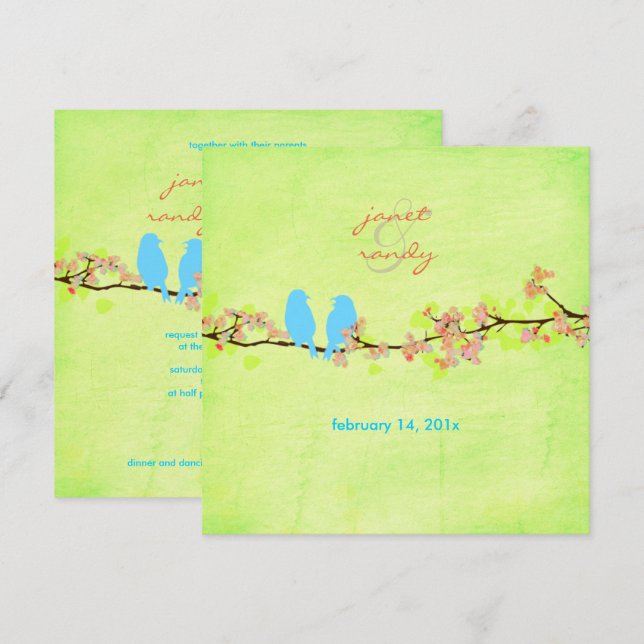 Blue birds/colourful blossoms/grunge lime invitation (Front/Back)