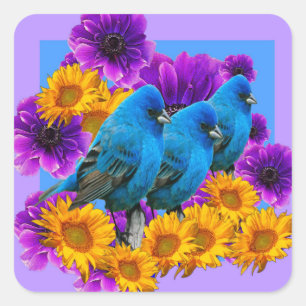 BLUE BIRDS FLOWERS BLUE ART SQUARE STICKER
