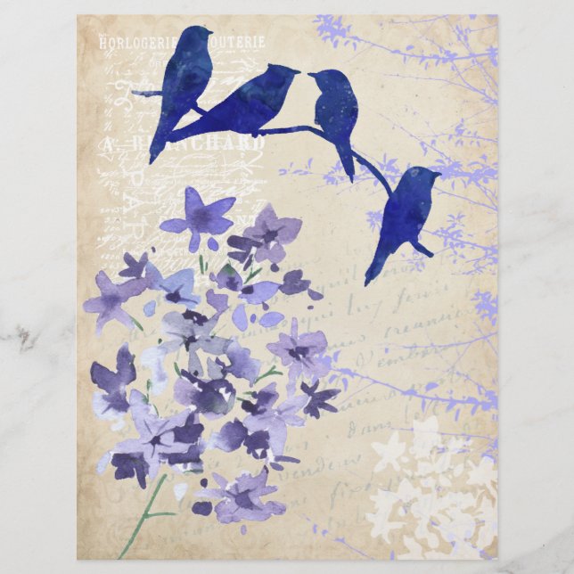 Blue Birds & Flowers Watercolour Scrapbook Paper (Front)
