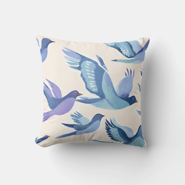 Blue Birds Flying | Modern Watercolor Cushion (Front)