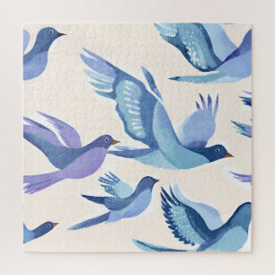Blue Birds Flying Modern Watercolor Jigsaw Puzzle