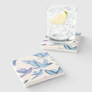 Blue Birds Flying Modern Watercolor Painting Stone Coaster