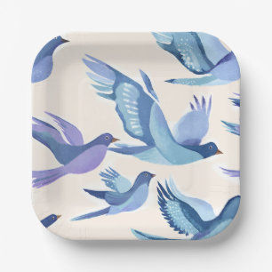 Blue Birds Flying Modern Watercolor Paper Plate