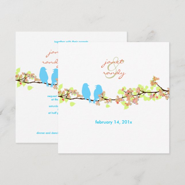 Blue birds, love birds/colourful blossoms invitation (Front/Back)