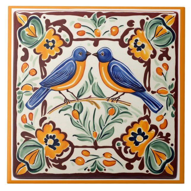 Blue birds Mediterranean BlueBird Folk Floral Tile (Front)