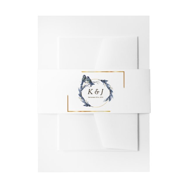 Blue Birds on a Branch Gold frame Floral Wedding I Invitation Belly Band (Front Example)