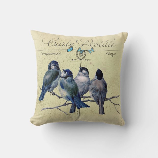 blue birds on a vintage french postcard cushion (Front)
