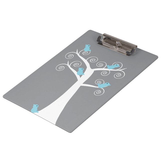 Blue Birds on White Tree Grey Background Clipboard (Angled)