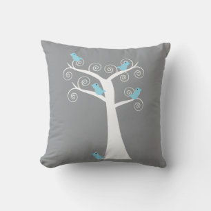 Blue Birds on White Tree Grey Background Nature  Cushion