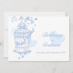blue birds open cage wedding invitation