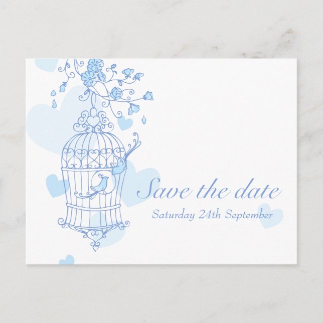 Blue birds open cage wedding save the date card (Front)
