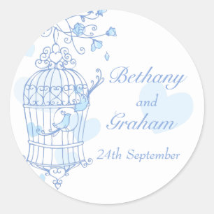 Blue birds open cage wedding sticker