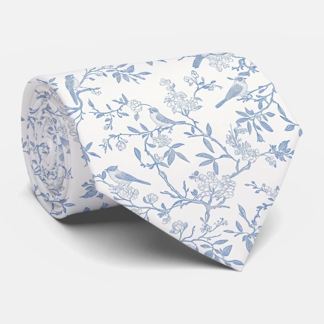 Blue birds toile de jouy neck tie (Rolled)