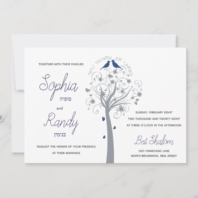 Blue Birds tree Hebrew Jewish Wedding Invitation (Front)