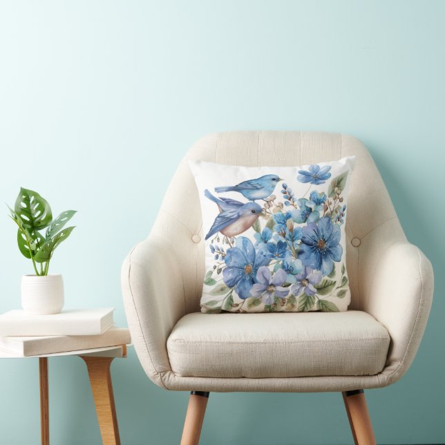 Blue Birds Watercolor Florals Botanicals Cushion (Chair)