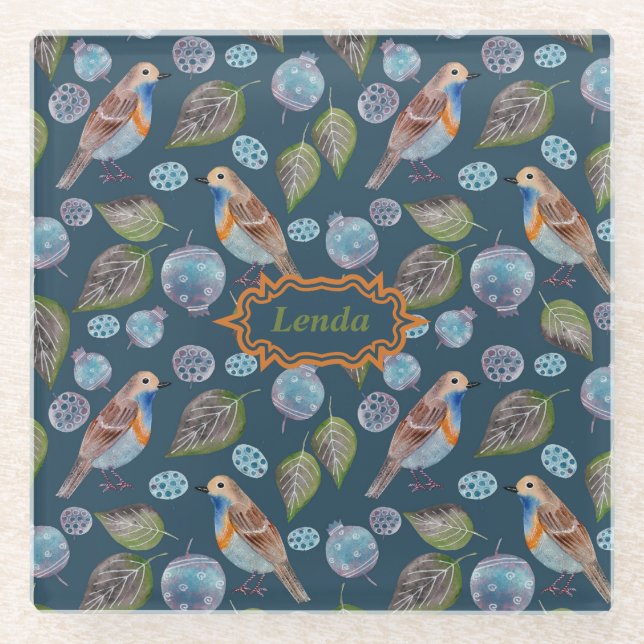 Blue Birds Watercolor Pattern Glass Coaster (Front)