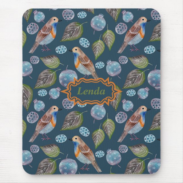 Blue Birds Watercolor Pattern Mouse Mat (Front)