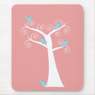Blue Birds Whimsical Nature Tree Pink Background Mouse Mat