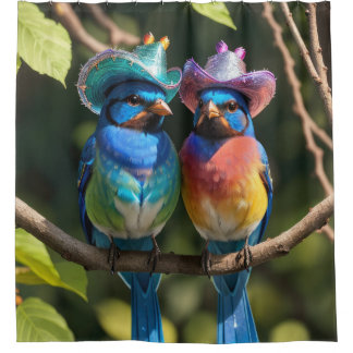 Blue Birds with Sparkly Cowboy Hats Shower Curtain