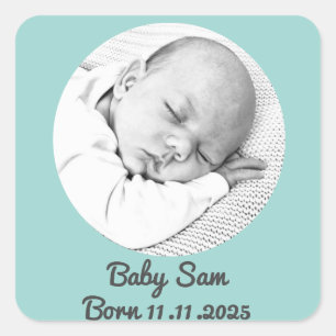 Blue Birth Announcement – Baby Boy Photo + text Square Sticker