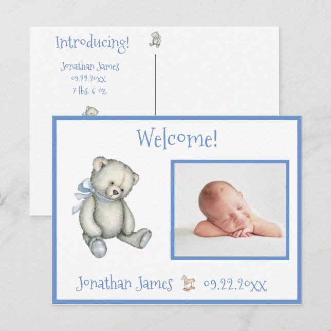 Blue Birth Photo Bear Baby Announcement (Front/Back)