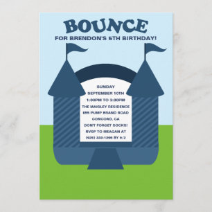 Blue Birthday Bounce Bouncy House Birthday Party Invitation