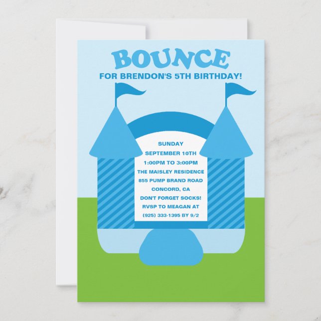 Blue Birthday Bounce Bouncy House Birthday Party Invitation (Front)