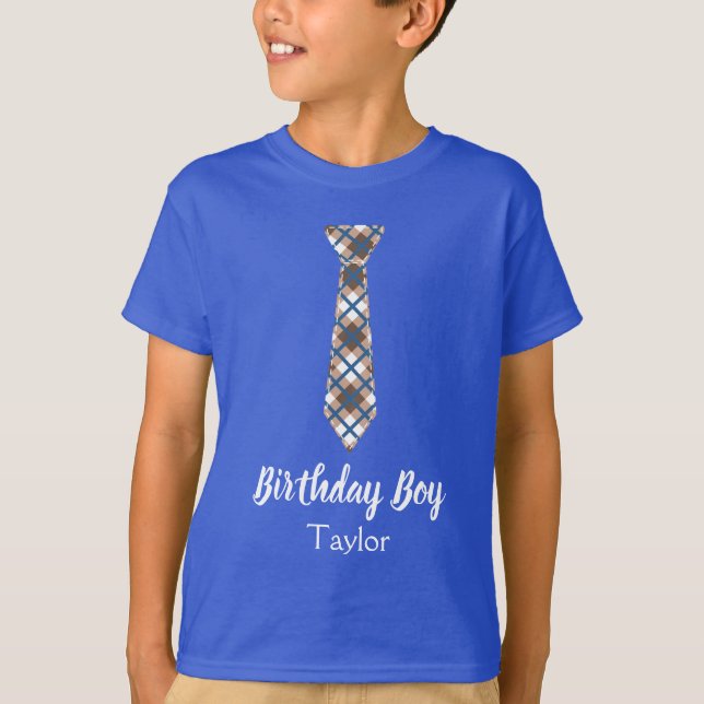 Blue Birthday Boy Plaid Tie T-Shirt (Front)