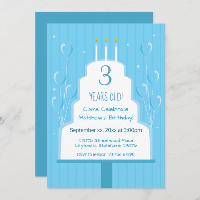 Blue Birthday Cake and Balloons | Invitation (Front/Back)