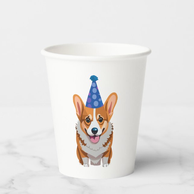 Blue Birthday Corgi Classic T-Shirt Paper Cups (Front)