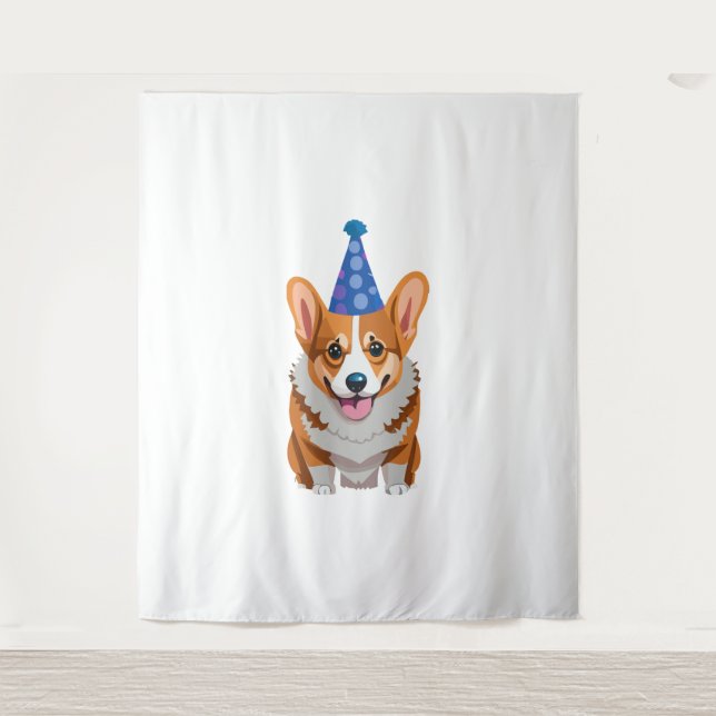 Blue Birthday Corgi Classic T-Shirt Tapestry (Front)