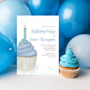 Blue Birthday Cupcake Simple Minimalist Cute Invitation