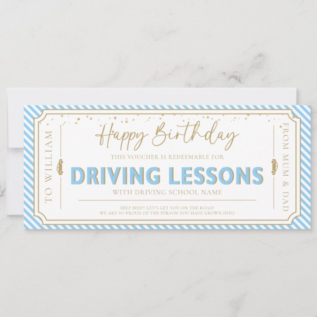 Blue Birthday Driving Lessons Gift Voucher Card (Front)