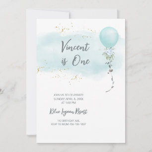 Blue Birthday Invitation baby Boy water colour 
