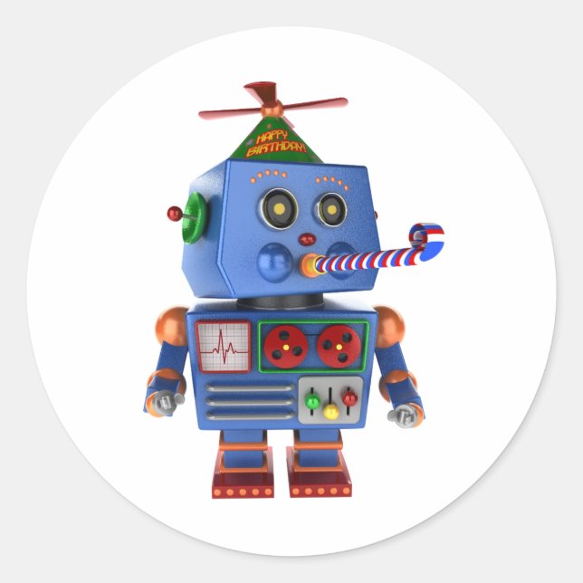 Blue birthday party toy robot classic round sticker (Front)
