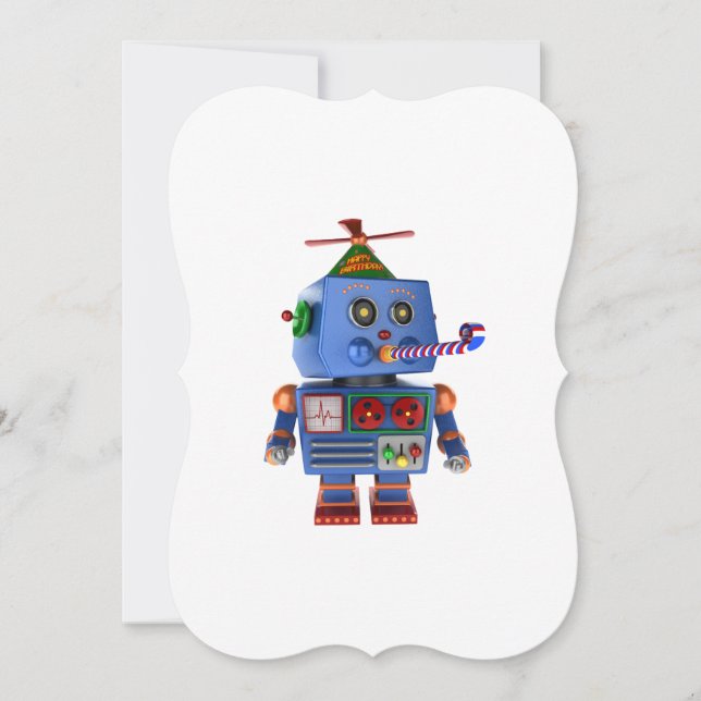 Blue birthday party toy robot invitation (Front)