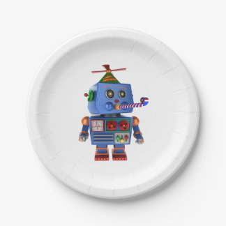 Blue birthday party toy robot paper plate