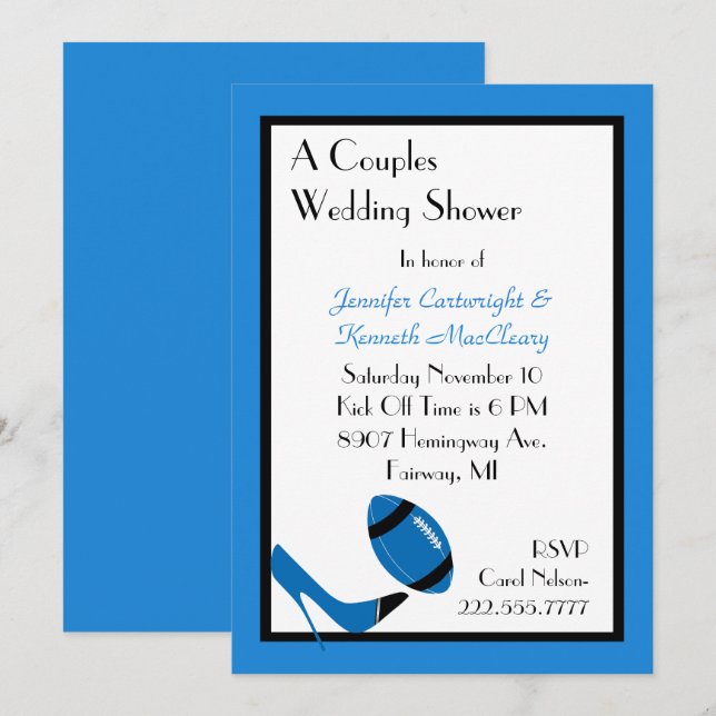 Blue & Black 2 Football Wedding Shower Invitation (Front/Back)