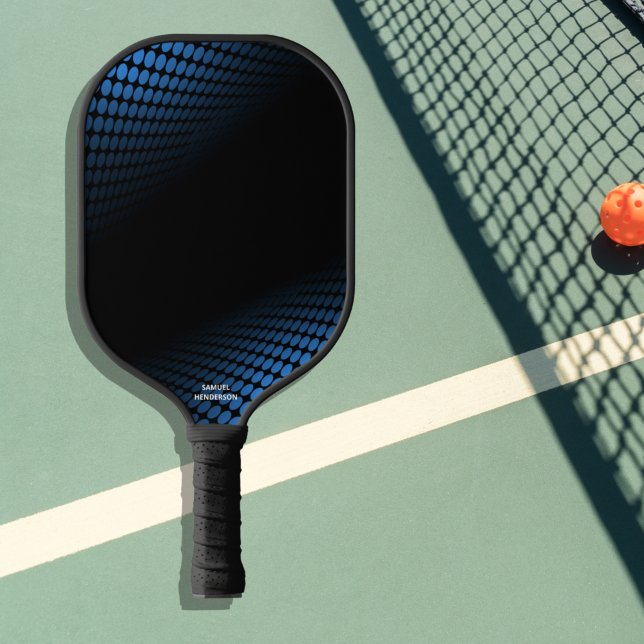 Blue Black Abstract Halftone Dots Custom Text Pickleball Paddle (Creator Uploaded)