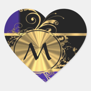 Blue black and gold monogram heart sticker