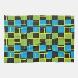 Blue, Black and Lime Green Abstract Tea Towel