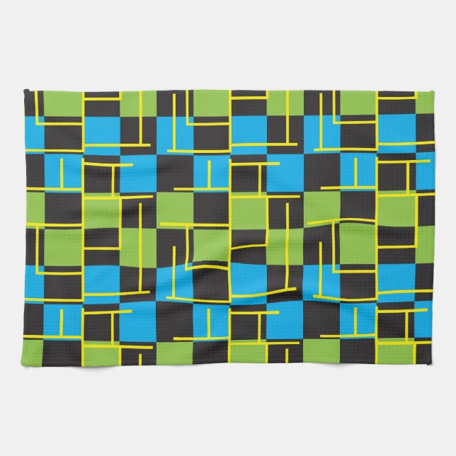 Blue, Black and Lime Green Abstract Tea Towel (Horizontal)