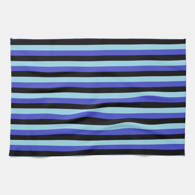 Blue, Black and Pastel Blue Stripes Tea Towel (Horizontal)