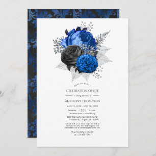 Blue, Black and Silver Floral Celebration of Life Invitation