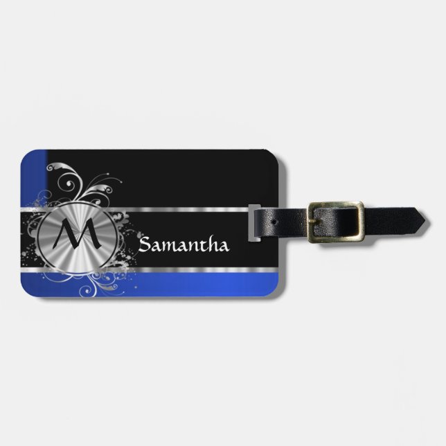 Blue black and silver monogram luggage tag (Front Horizontal)