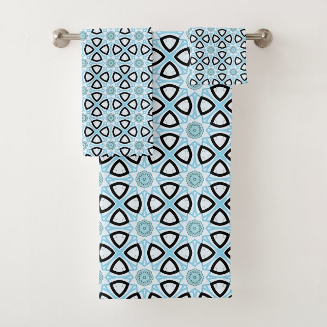Blue, black and white geometric patterned  bath towel set (Insitu)