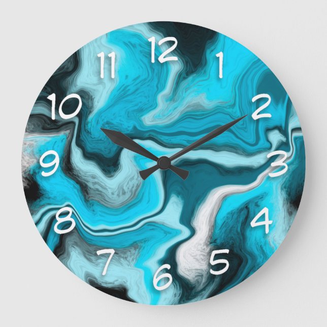Blue, Black and White Marble Fluid Art  Large Clock (Front)