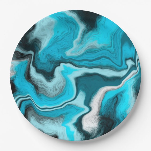 Blue, Black and White Marble Fluid Art     Paper Plate (Front)