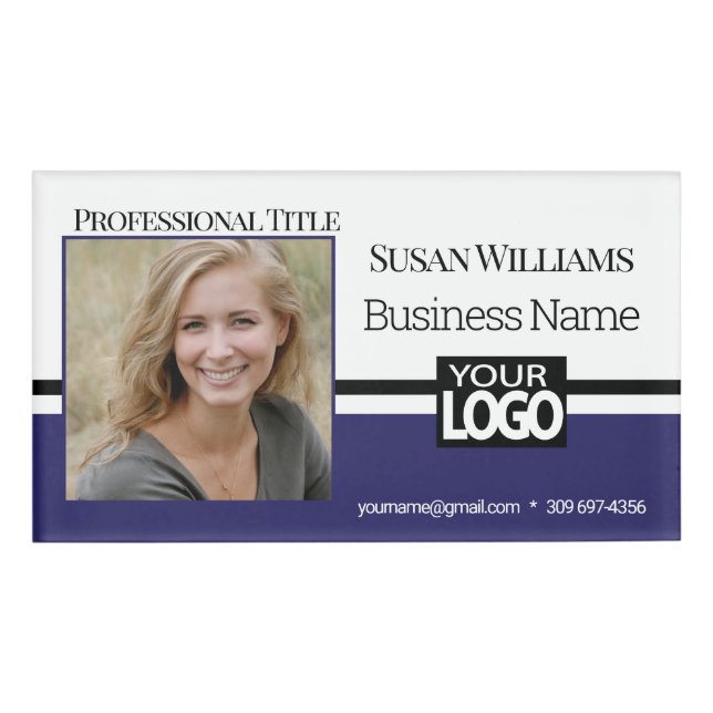 Blue, Black and White Photo ID Name Tag (Front)