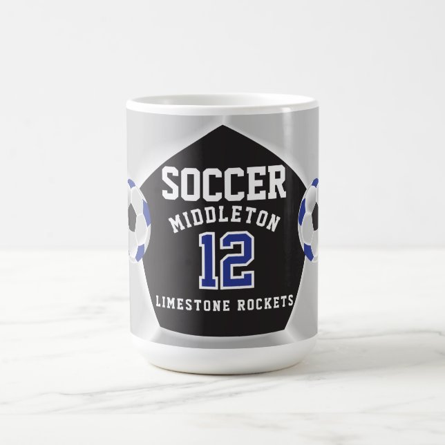 Blue, Black and White ⚽ Soccer Sport Coffee Mug (Center)